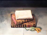 Three books and a pumpkin flower, oil on wood, cm 40 x 30, 2008.