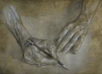 Le mani di mio padre mentre disegna, matita e biacca su carta preparata, cm 36 x 25, agosto 2011